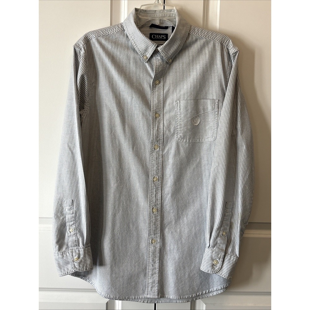Chaps Mens Size M Blue White Stripe Long Sleeve Button Down Stretch Oxford Shirt